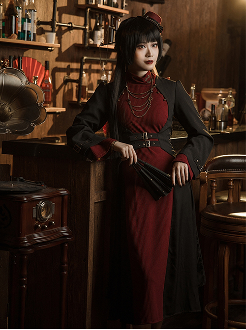 Black Lightweight Semi-Open Collar Punk Flare Long Sleeves Tie Waist Mysterious Gothic Slim Long Tuxedo Cardigan Coat