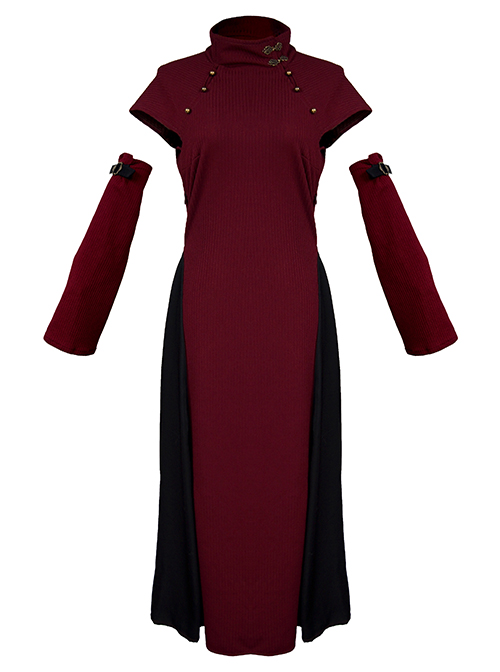 Retro Temperament Daily Burgundy High-Neck Trumpet Long-Sleeved Gothic Sexy Cheongsam Long Dress