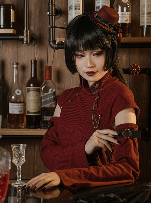 Retro Temperament Daily Burgundy High-Neck Trumpet Long-Sleeved Gothic Sexy Cheongsam Long Dress