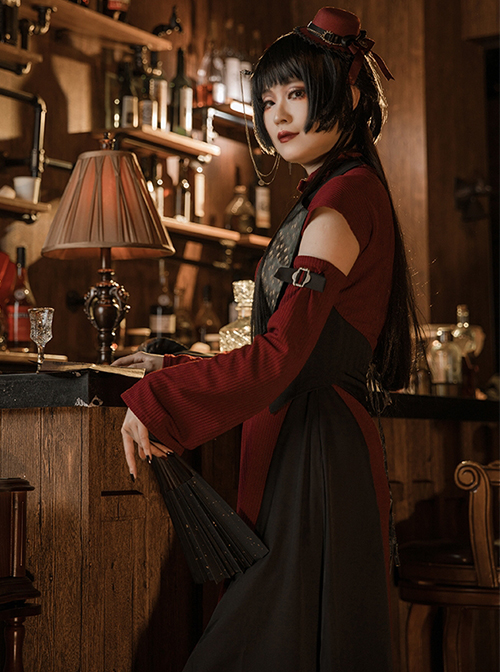 Retro Temperament Daily Burgundy High-Neck Trumpet Long-Sleeved Gothic Sexy Cheongsam Long Dress