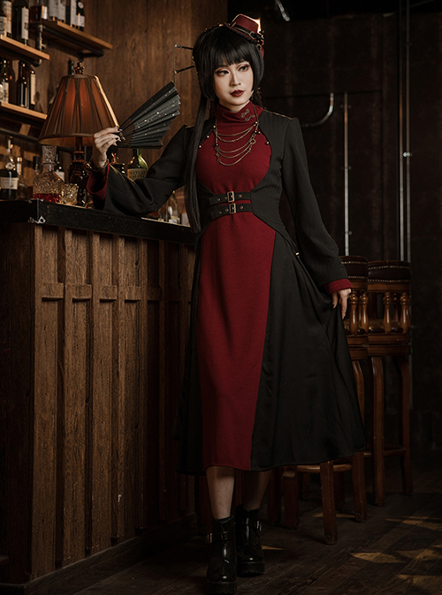 Retro Temperament Daily Burgundy High-Neck Trumpet Long-Sleeved Gothic Sexy Cheongsam Long Dress