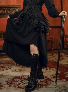 Victorian High Waist A-Type Black Striped Retro Gothic Split Two-Wear Front Short Back Long Ruffle Skirt