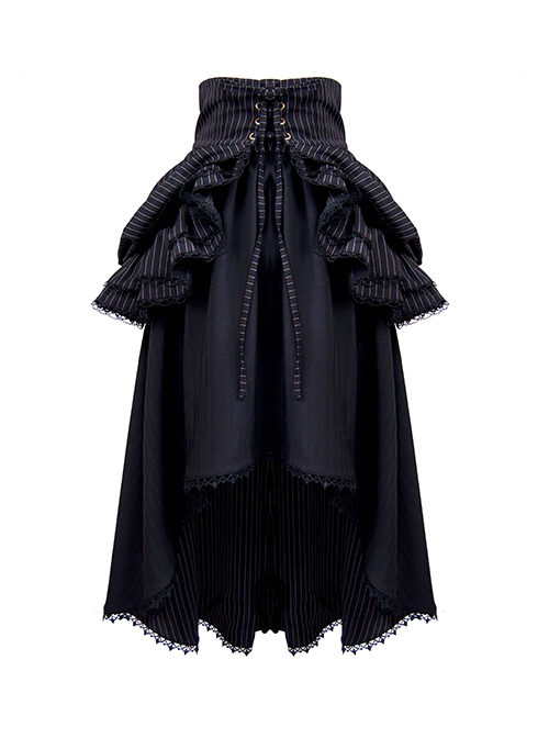 Victorian High Waist A-Type Black Striped Retro Gothic Split Two-Wear Front Short Back Long Ruffle Skirt