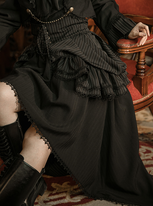 Victorian High Waist A-Type Black Striped Retro Gothic Split Two-Wear Front Short Back Long Ruffle Skirt