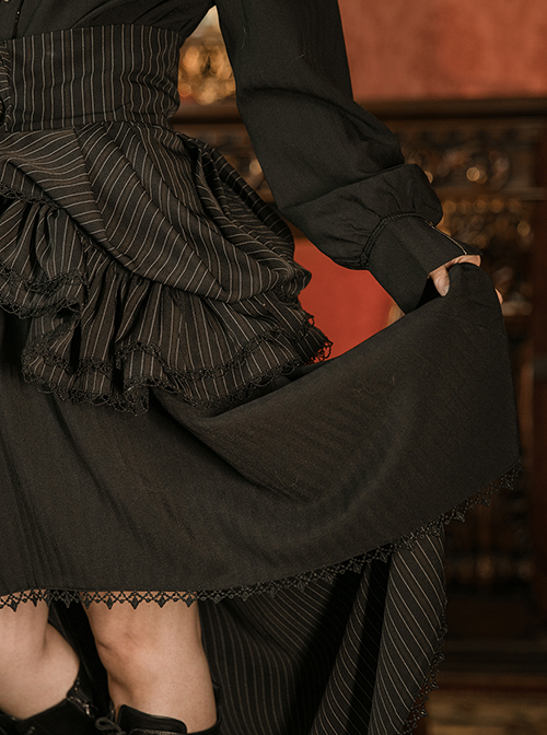 Victorian High Waist A-Type Black Striped Retro Gothic Split Two-Wear Front Short Back Long Ruffle Skirt