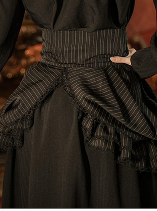 Victorian High Waist A-Type Black Striped Retro Gothic Split Two-Wear Front Short Back Long Ruffle Skirt