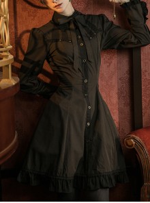 Classic Vintage Single Breasted Black Coffee Pinstripe Long Sleeve Ruffle A-Type Gothic Lolita Bow Polo Neck Shirt Dress