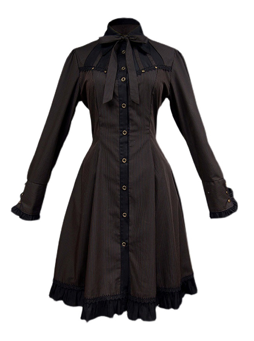 Classic Vintage Single Breasted Black Coffee Pinstripe Long Sleeve Ruffle A-Type Gothic Lolita Bow Polo Neck Shirt Dress