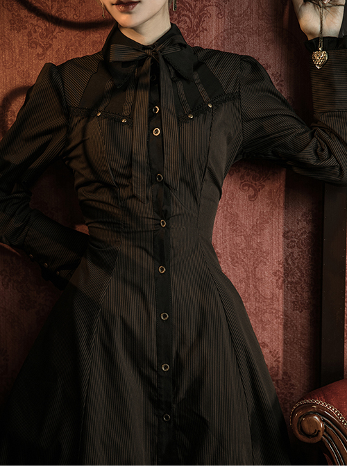 Classic Vintage Single Breasted Black Coffee Pinstripe Long Sleeve Ruffle A-Type Gothic Lolita Bow Polo Neck Shirt Dress