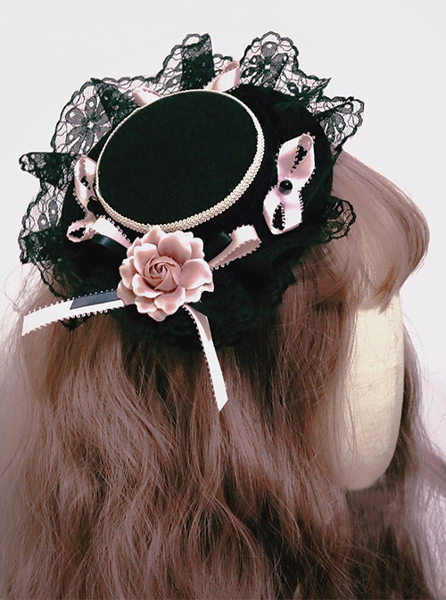 Sweet  Cool Black And Pink Lolita Handmade Small Flat Hat Cute Lace Flowers All-Match Hairpin