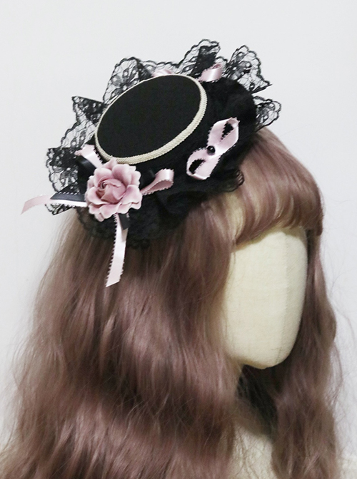 Sweet  Cool Black And Pink Lolita Handmade Small Flat Hat Cute Lace Flowers All-Match Hairpin