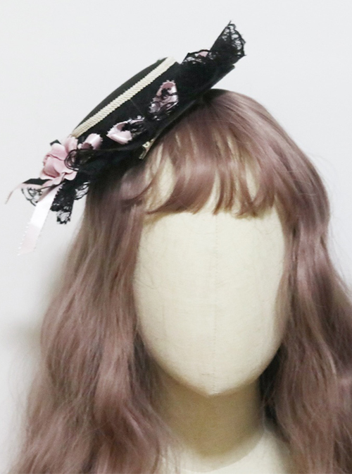 Sweet  Cool Black And Pink Lolita Handmade Small Flat Hat Cute Lace Flowers All-Match Hairpin