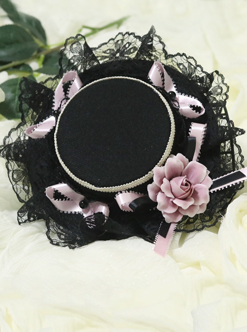 Sweet  Cool Black And Pink Lolita Handmade Small Flat Hat Cute Lace Flowers All-Match Hairpin