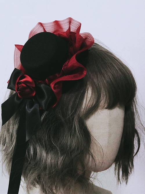 Mysterious Black Buck Classic Lolita Elegant Black And Red Bow Ribbon Small Top Hat Gothic Hairpin