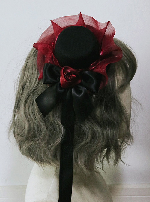 Mysterious Black Buck Classic Lolita Elegant Black And Red Bow Ribbon Small Top Hat Gothic Hairpin