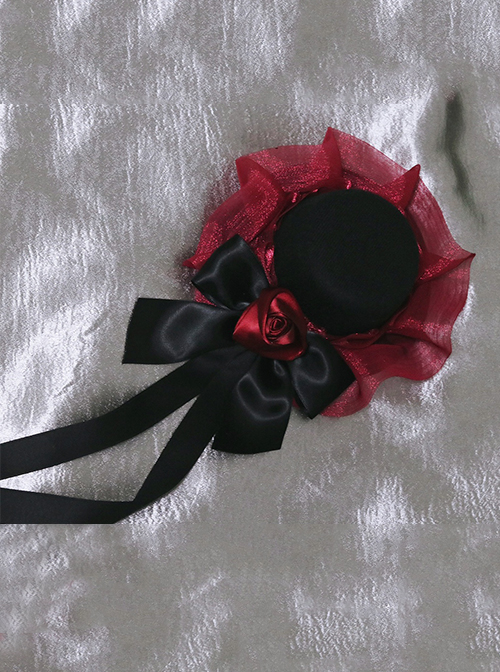 Mysterious Black Buck Classic Lolita Elegant Black And Red Bow Ribbon Small Top Hat Gothic Hairpin