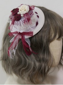 Gothic Style Red  White Dry Rose Pearl Hole Lace Small Hat Sweet Lolita Bow Hairpin