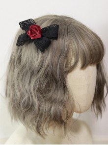 Retro Lolita Simple Black Red Rose Bow Gothic Lace Hairpin