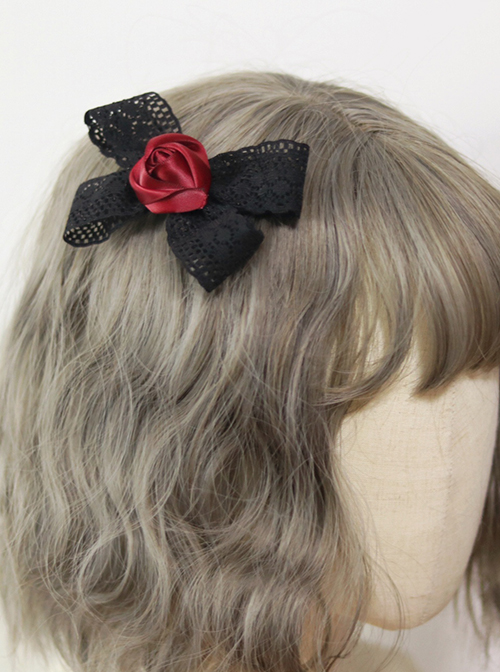 Retro Lolita Simple Black Red Rose Bow Gothic Lace Hairpin