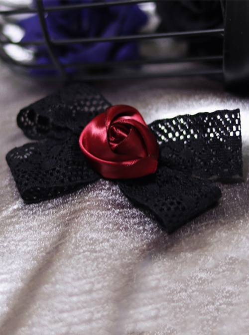 Retro Lolita Simple Black Red Rose Bow Gothic Lace Hairpin