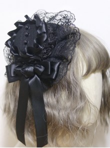 Dark Gothic Palace Lolita Princess Small Hat Antique Lace Pearl Rose Bow Ribbon Personality Hairpin
