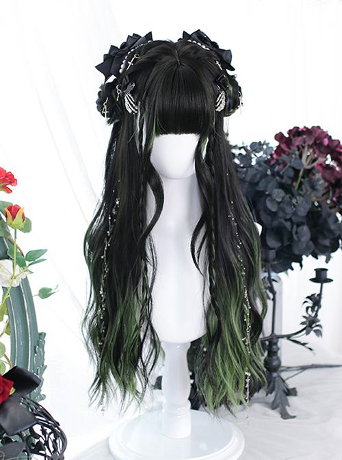 Cute Black Cyan Gradient Fluffy Air Bangs Curly Twist Braid Water Ripple Face Repair Classic Lolita Long Curly Wig