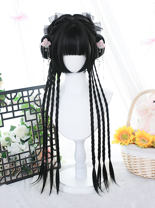 Chinese Antique Daily Double Ponytail Twist Braid Air Qi Bangs Princess Cut Classic Lolita Black Short Wig