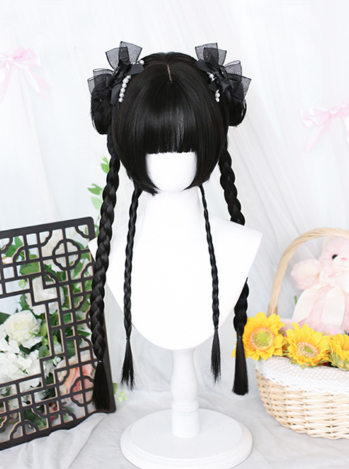 Classic Lolita Black Coarse Braid Princess Cut Air Bangs Sculpting Face Double Ponytail Short Wig