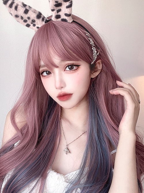 Net Red Hanging Ear Dye Trend Fashion Daily Purple Air Qi Bangs Sweet Lolita Jk Highlights Blue-Gray Long Wave Wig