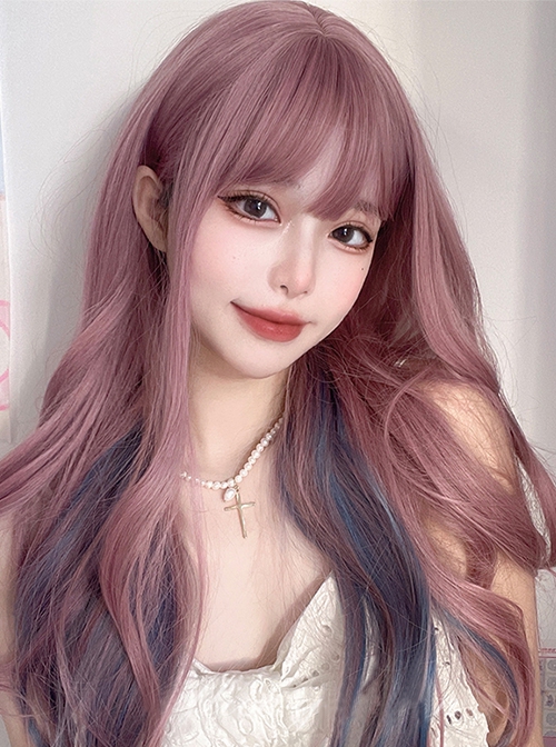 Net Red Hanging Ear Dye Trend Fashion Daily Purple Air Qi Bangs Sweet Lolita Jk Highlights Blue-Gray Long Wave Wig