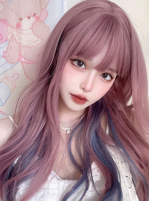 Net Red Hanging Ear Dye Trend Fashion Daily Purple Air Qi Bangs Sweet Lolita Jk Highlights Blue-Gray Long Wave Wig