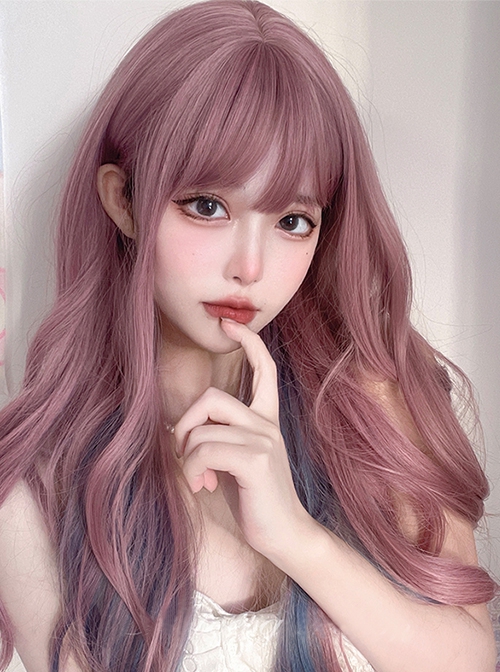 Net Red Hanging Ear Dye Trend Fashion Daily Purple Air Qi Bangs Sweet Lolita Jk Highlights Blue-Gray Long Wave Wig