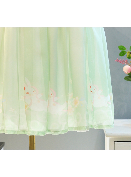 Chinese Style Exquisite Flower Embroidery Chiffon Mesh Cute Rabbit Pattern Decoration Lotus Leaf Short Sleeves Cute Hanfu Kid Dress