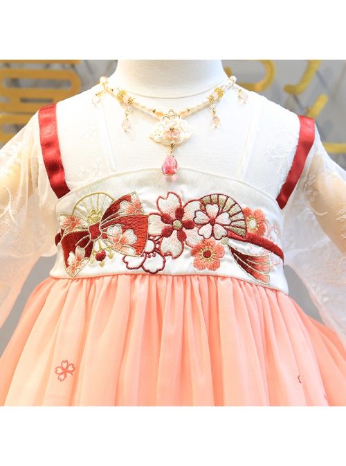 Improved Hanfu Chiffon Chinese Style Beautifully Embroidered Decoration Fan Shape Bow Knot Pattern Kid Dress