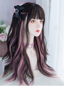 Cute Highlights Hot Girl Bestie Everyday Sweet Lolita Black Pink Air Bangs Long Curly Wig