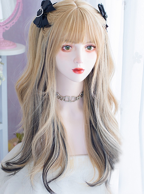 Cute Highlights Hot Girl Bestie Everyday Sweet Lolita Black Pink Air Bangs Long Curly Wig