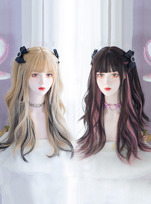 Cute Highlights Hot Girl Bestie Everyday Sweet Lolita Black Pink Air Bangs Long Curly Wig