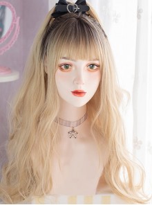 Hot Girl Blonde Dyed Black Cute Qi Bangs Sweet Lolita Long Curly Hair Big Wavy Ponytail Wig