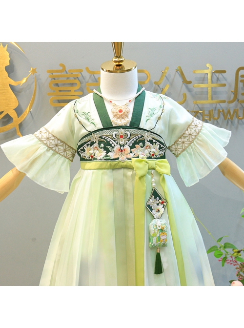 Fresh Chinese Style Exquisite Flower Embroidery Purse Hanging Fringe Decoration Kid Hanfu Print Dress