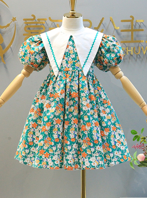 Color Floral Decoration White Triangular Lapel Design Cotton Classic Lolita Kid Short Sleeve Dress