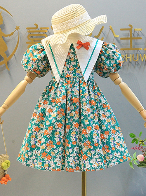Color Floral Decoration White Triangular Lapel Design Cotton Classic Lolita Kid Short Sleeve Dress