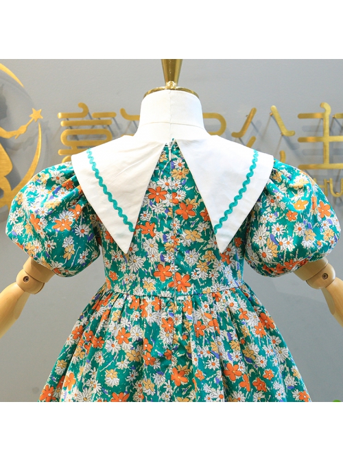 Color Floral Decoration White Triangular Lapel Design Cotton Classic Lolita Kid Short Sleeve Dress