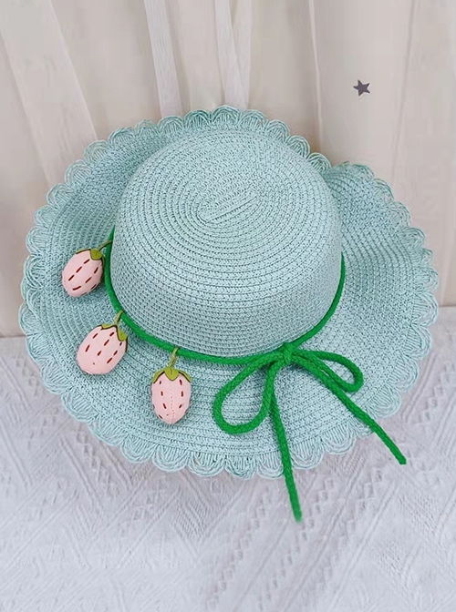 Solid Color Dome Big Flower Brim Tethered Three-Dimensional Strawberry Decoration Classic Lolita Kid Straw Hat