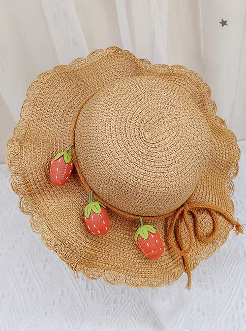 Solid Color Dome Big Flower Brim Tethered Three-Dimensional Strawberry Decoration Classic Lolita Kid Straw Hat