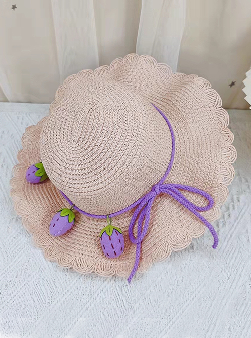 Solid Color Dome Big Flower Brim Tethered Three-Dimensional Strawberry Decoration Classic Lolita Kid Straw Hat