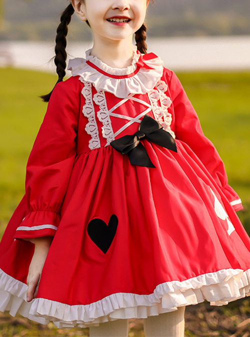 Classic Lolita Red Pleated Doll Neckline Lace Trim Black And White Peach Heart Shape Decoration Long Sleeve Kid Princess Dress