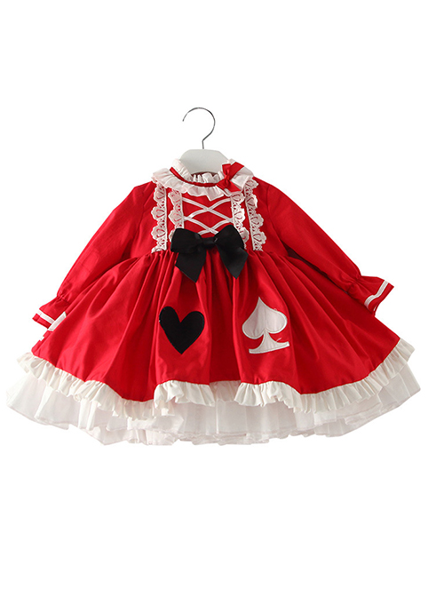 Classic Lolita Red Pleated Doll Neckline Lace Trim Black And White Peach Heart Shape Decoration Long Sleeve Kid Princess Dress