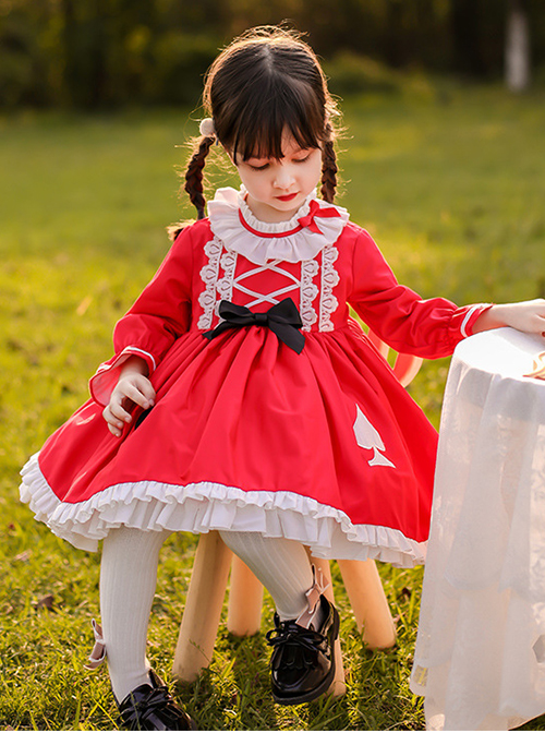 Classic Lolita Red Pleated Doll Neckline Lace Trim Black And White Peach Heart Shape Decoration Long Sleeve Kid Princess Dress