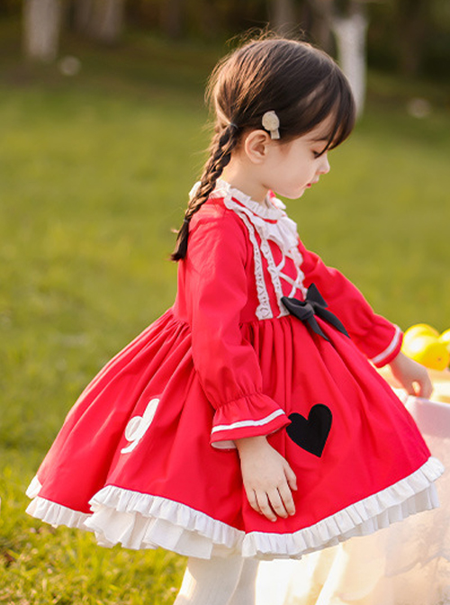 Classic Lolita Red Pleated Doll Neckline Lace Trim Black And White Peach Heart Shape Decoration Long Sleeve Kid Princess Dress