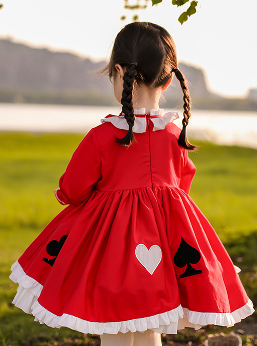 Classic Lolita Red Pleated Doll Neckline Lace Trim Black And White Peach Heart Shape Decoration Long Sleeve Kid Princess Dress